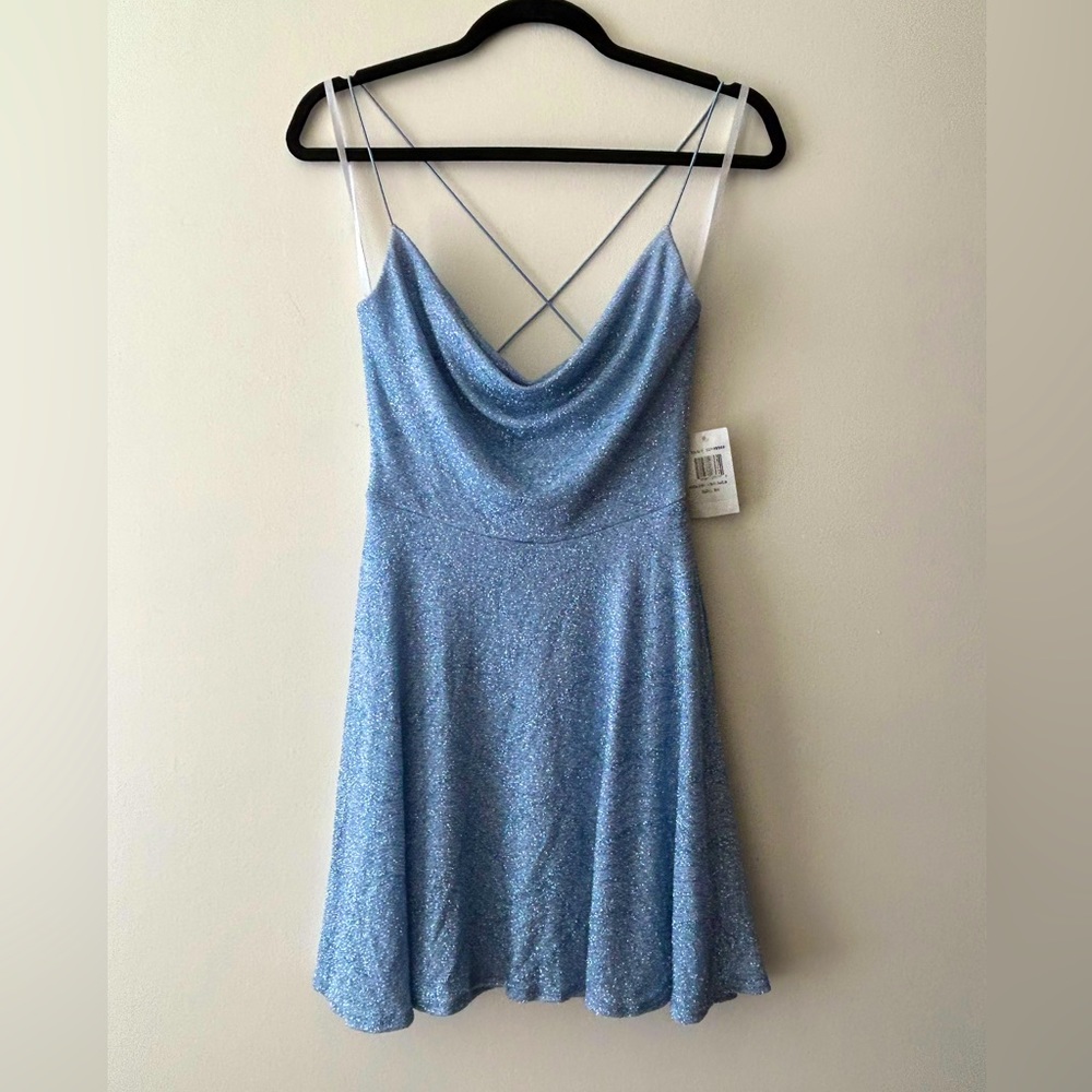 B.Darlin Dress , Light blue bungee strap cowl neck glitter/sparkly.